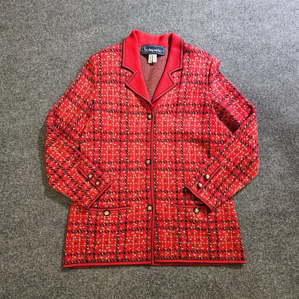 Vintage Belmonde Cardigan Sweater Womens 14 Red Plaid Gold Button Classic Preppy